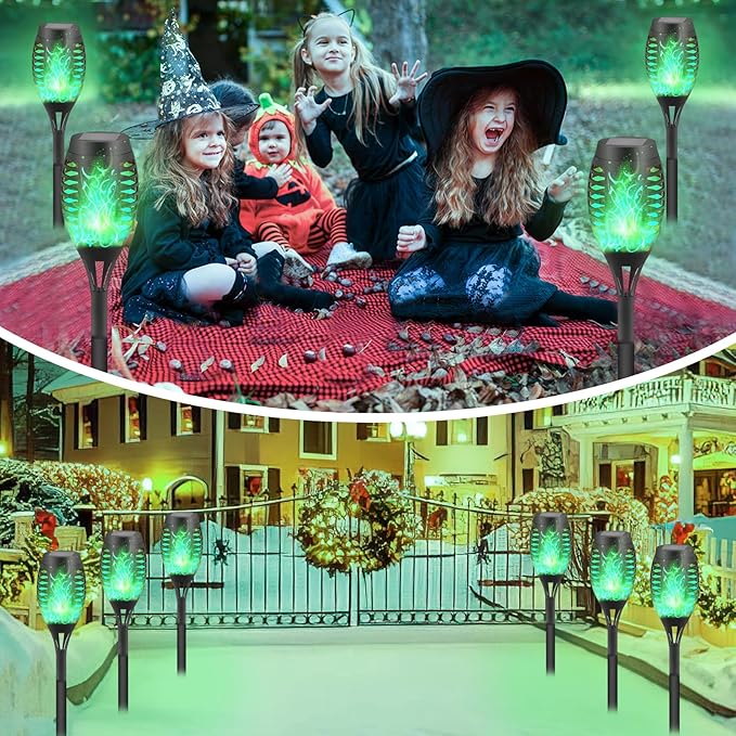 8-Pack Green Solar Flickering Flame Torches – Waterproof Solar Garden Lights, Outdoor Solar Lights for Yards, and Flame Torches for Patio and Pathway Decorations