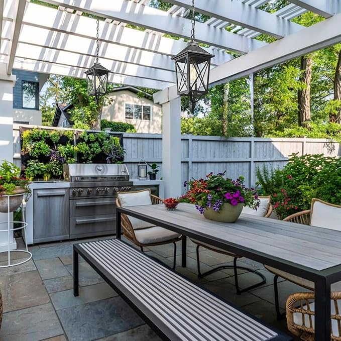 Darkaway Outdoor Pendant Light Fixture, Outdoor Hanging Porch Light with Seeded Glass, Anti-Rust Waterproof Aluminum E26 Socket Lighting for Porch Entryway Doorway