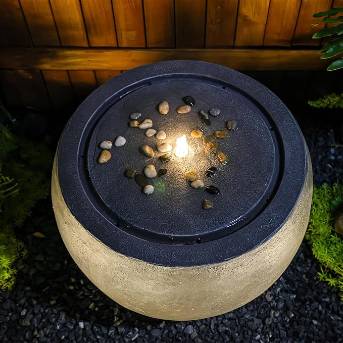 Garden Water Fountain Outdoor Large Round Bubbler Water Feature Indoor with Lights & Pump and Pebbles Concrete Effect for Patio Pool Pond Yard Home Decor Gray, 25 "L X 25" W X 17.5" H