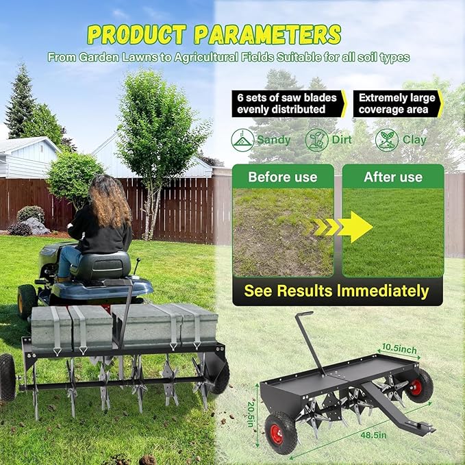 Doniks 48-Inch Tow Behind Lawn Plug Aerator with Universal Hitch, Lawn Aerator Tow Behind with 30 Galvanised Steel Tines,Tray and Inflatable Wheels for Gardens, Lawns, Farms