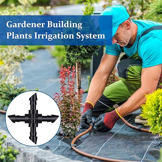 200 Pieces Drip Irrigation Fittings Kit for 1/4 Inch Tubing, 50 Straight Barbs, 50 Tees, 50 Elbows, 50 4-Way Couplings, Barbed Connectors with Plastic Box for Garden Lawn Drip, Sprinkler Systems,Black