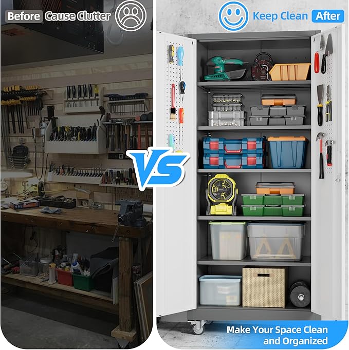 71" H×32" W×16" D Garage Storage Cabinet with Wheels & Pegboard, Locking Metal Storage Cabinet with Doors and 5 Adjustable Shelves & & 4 Hooks for Garage Warehouse Home Office, White and Gray