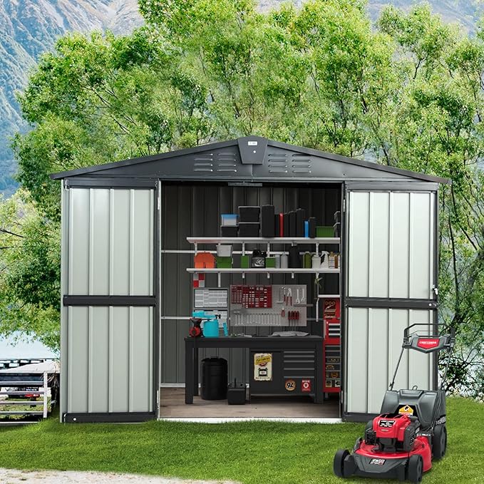 Domi Outdoor Storage Shed 6.5’ x 4.2’, Metal Garden Shed with Galvanized Steel Frame for Bike, Tools, Lawn Mowers, Outdoor Storage Cabinet with Lockable Door for Garden Lawn Patio (Dark Grey)