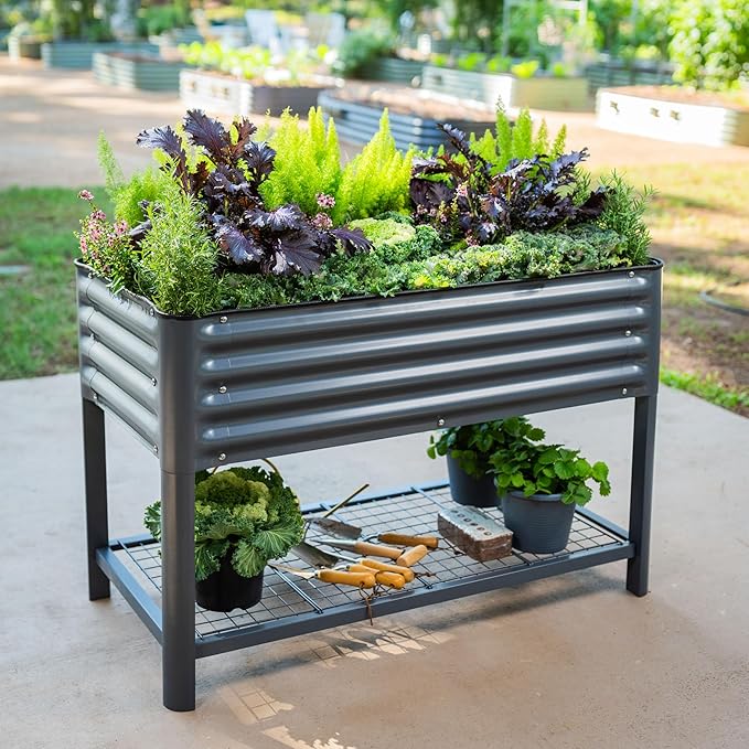 Elevated Raised Garden Bed-V Series, 2' x 4' Garden Beds with Legs & Storage Rack for Patio Porch, 700 Lbs Weight Capacity, Outdoor Planter Boxes for Gardening Herbs Vegetables Flowers, Modern Gray
