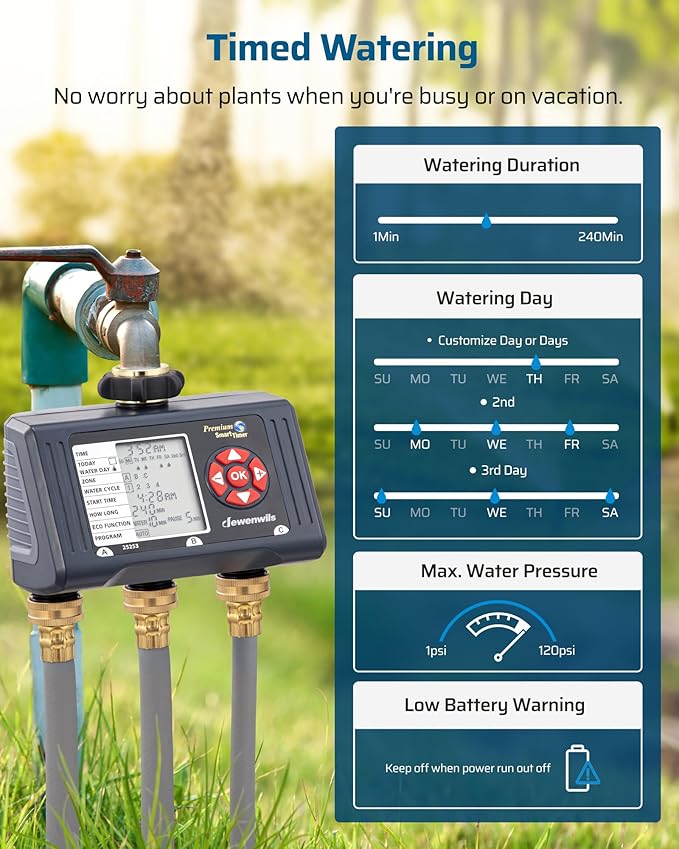 DEWENWILS Sprinkler Timer 3 Zone, Water Hose Garden Irrigation Timer with 4 Programmable Procedure and Low Battery Warning, Repeat Watering over Period, Faucet Controller with Rain Delay Mode for Lawn