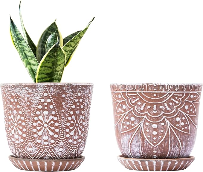Gepege 6 Inch Beaded Ceramic Planter Set of 2 with Drainage Hole and Saucer for Plants, Indoor-Outdoor Large Round Succulent Orchid Flower Pot