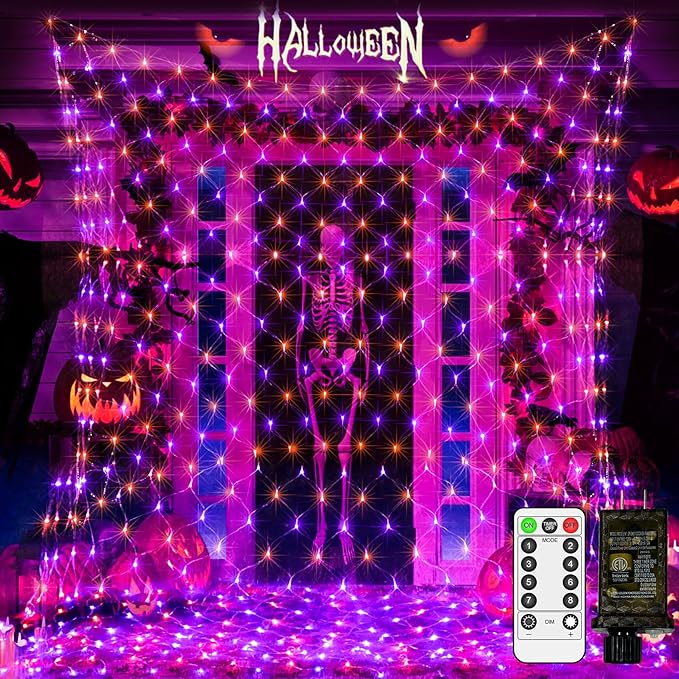 2 Pack Each 200 LED Halloween Net Lights Outdoor Waterproof 3M*2M Mesh Lights Fairy String Lights Plug in with Timer 8 Modes for Bush Window Fence Garden Yard Roof Wall Decor-Purple and Orange