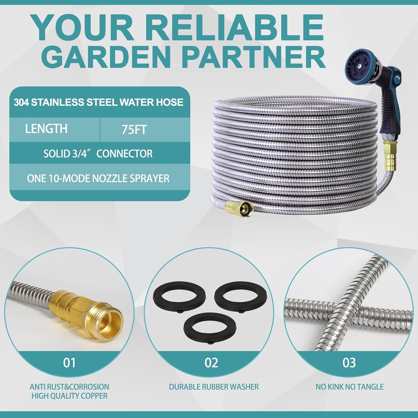 75FT 5/8'' Garden Hose, 304 Stainless Steel Water Hose, Flexible with a 10-Mode Nozzle Sprayer, No Kink, Lightweight, Puncture Proof Metal Hose, Ideal for Yard, Lawn, Outdoor