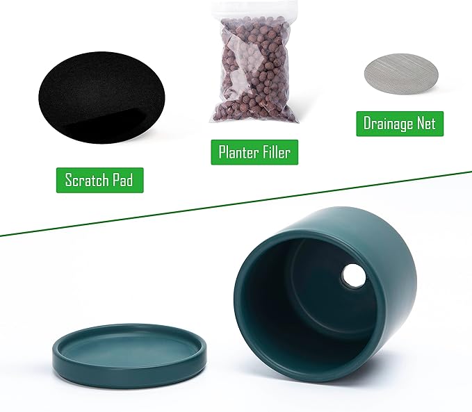 D'vine Dev 4.6 Inch & 6 Inch Ceramic Planter Pots for Plants with Drainage Hole and Saucer, Small Plant Pots Set, Teal, 94-G-S-9