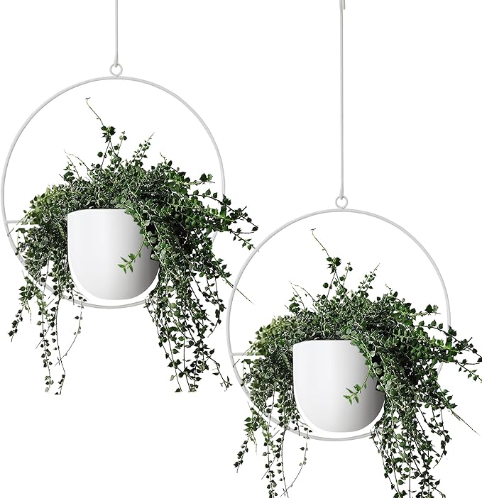 2 Pack Hanging Planters for Indoor Outdoor Plants Modern Metal Plant Hangers Wall and Ceiling Hanging Plants Baskets Mid Century Minimalist Flower Pots Home Decor, White