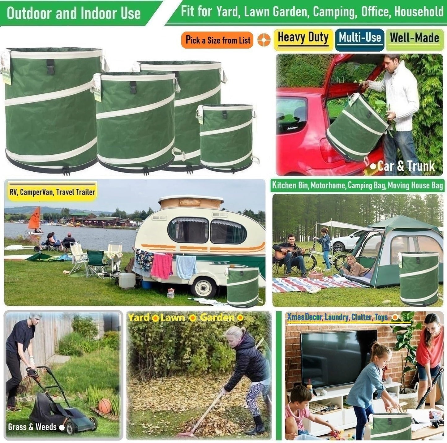 16-Gallon Collapsible Trash Can (16x19 in) Hard-Shell Bottom Yard Garden Bag for Pop-Up Trash Can,Recycling Bin,Yard Waste Container,RV Camping Waste Bin,Laundry Hamper,Lawn Grass,Leaf Bag,Weed Basket