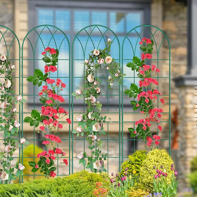 4 Pack Metal Garden Trellis for Climbing Plants, Black Metal Garden Trellis for Vines Plant Rose Vegetable Support,Large Decorative Outdoor Trellis