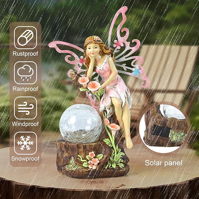 Garden Fairy Statue Outdoor Decor-Solar Flower Fairy Figurines-Garden Fairies Statues Decoration for Outside Lawn Yard Patio,Garden Ornament Gift,Tall 11.8 Inches