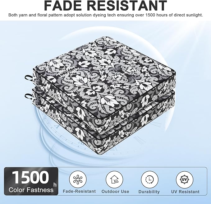 Favoyard Outdoor Chair Cushion 24 x 24 x 4 In Waterproof Pattern Fade Resistant Cushions for Patio Furniture with Removable Cover Attach Straps 28D Foam Insert Cushions Pads for Seat Sofa Couch 2 Pack