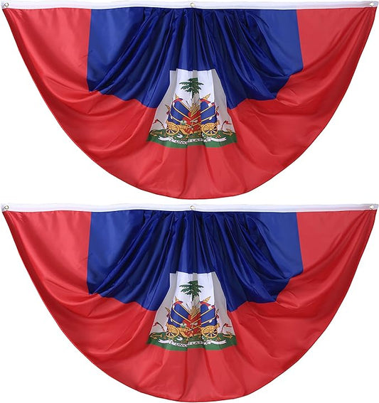 Haiti Pleated Fan Flag Banner 3 x 6 Ft, 2 Pcs - Indoor/Outdoor/Front Porch Decorations, Patriotic Holiday Celebrations