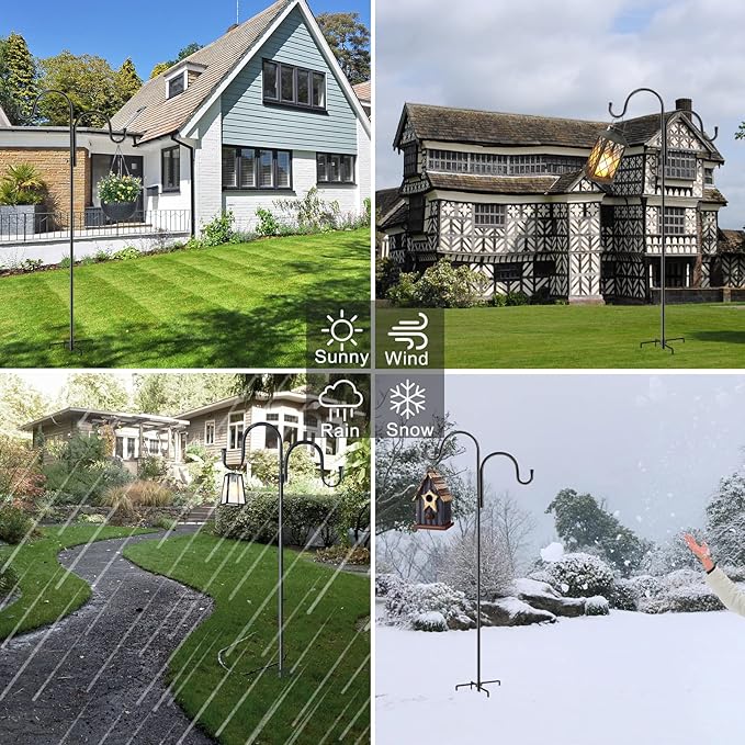 Double Shepherds Hook for Outdoor,94 Inch Bird Feeder Pole with 5 Prongs Base,Adjustable Heavy Duty Garden Hanging Holder for Hanging Plant,Solar Light,Weddings Decor,Hummingbird Feeder（1 Pack）