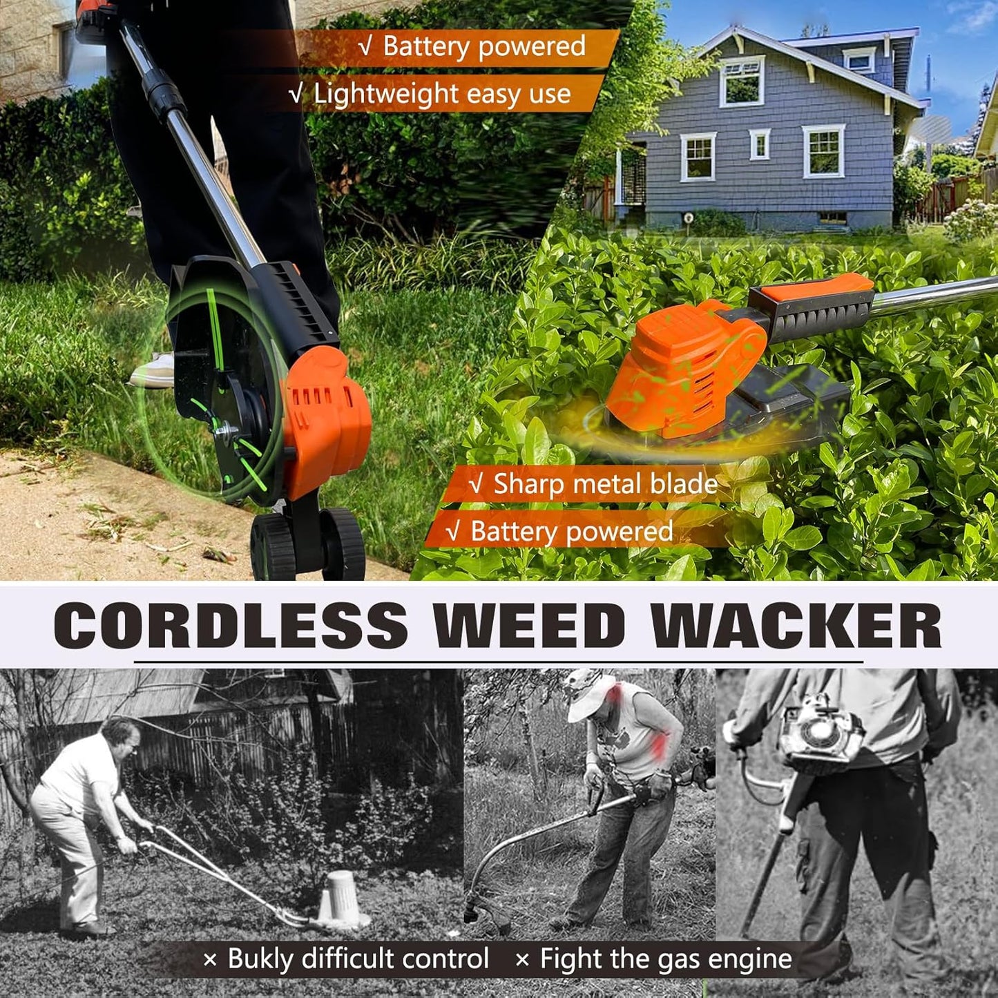 Electric Weed Wacker Eater Cordless Battery Powered, Weed Trimmer 21V Lightweight No-String with 2 Battery Operated & Wheels, 3 in 1 Stringless Grass Trimmer/Edger/Brush Cutter for Garden Yard Lawn