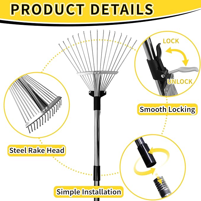 2 Pack Garden Rake for Leaves,Heavy Duty Metal Adjustable Leaf Rake for Lawns,Long Handle 33"-69" with Expandable Head 8"-15",Garden Tools for Yard Lawn Shrub Garden Beds