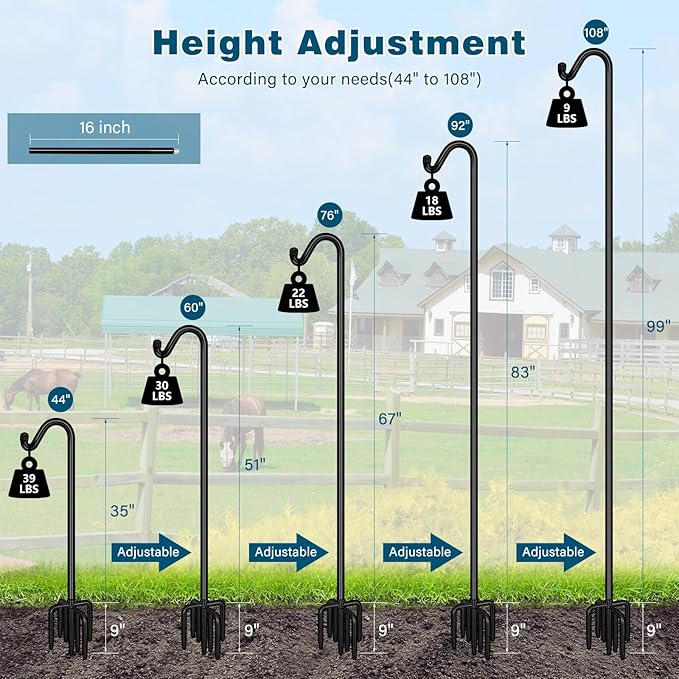 Gtongoko Shepherds Hook for Outdoor, 76 Inch Bird Feeder Pole with 7 Prongs Base, 5/8 Inch Thick Heavy Duty Adjustable Garden Hook for Hanging Plant, Hummingbird Feeder, Lantern, 2 Pack