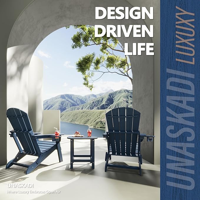 Folding Adirondack Chair Set of 2 with Cup Holder, HDPE All Weather Resistant Plastic Outdoor Patio Chairs, Heavy Duty Fire Pit Seating for Backyard Lawn Garden, Wooden Textured Design(Navy Blue)