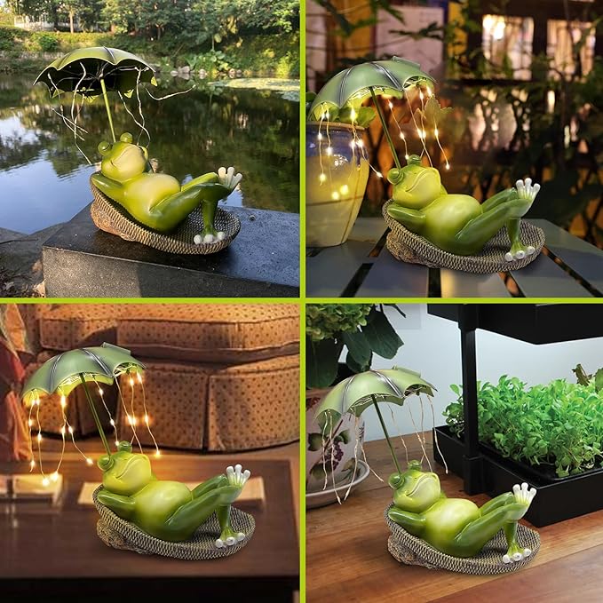 Frogs Garden Outdoor Decor Statue - Solar Frog Umbrella Pond Statues LED Waterproof, Resin Cute Animal Sculpture Lights, Ideal Ornament for Yard Lawn Patio, Women/Gardening Decoration Gifts