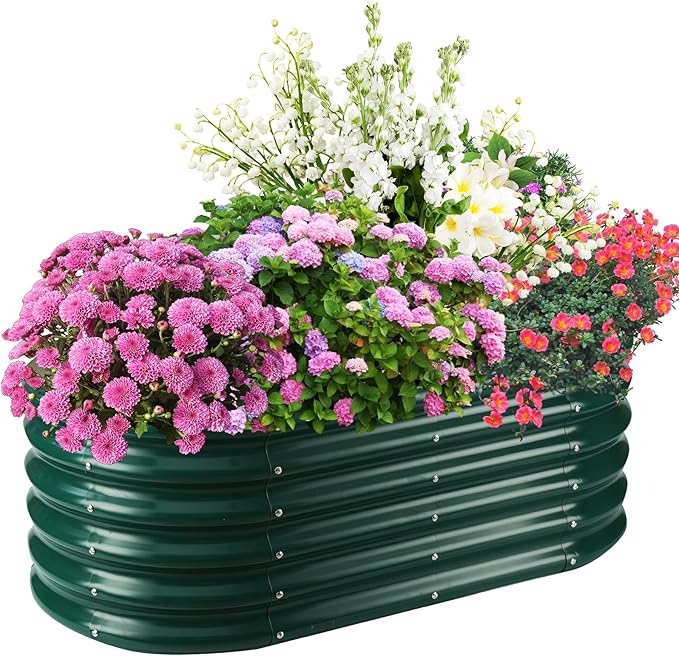 17" Tall Elevated Oval Metal Raised Garden Bed - 4ft x 2ft in Size and 0.8MM Thick Durable Planter Bed/Box for Vegetables Flowers Succulent at Patio/Garden Outdoor (Dark Green, 4X2X1.4 FT)