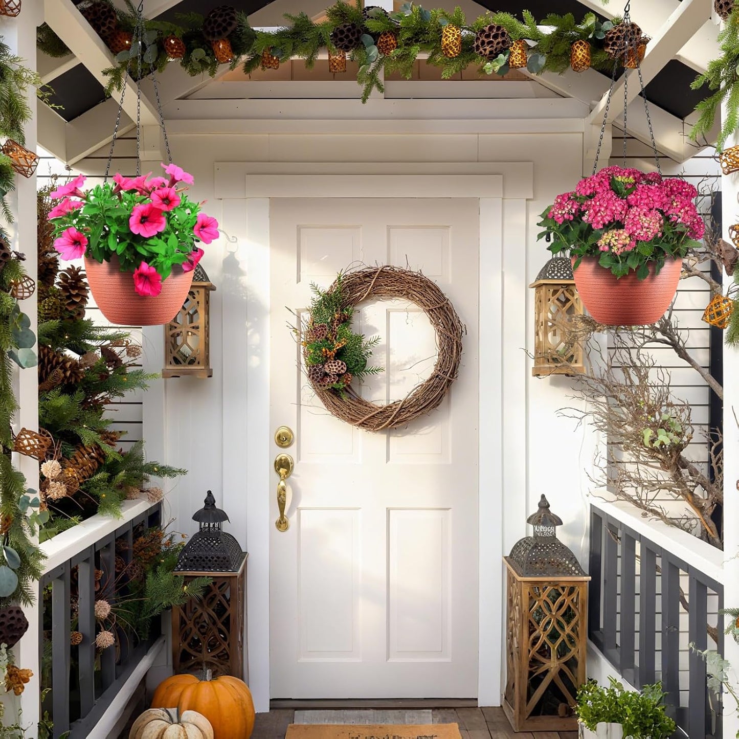 Hanging Planters for Indoor Outdoor Plants, Set of 2 Self Watering Hanging Pots with Drainage Hole & Plug and 20" Chain & Hooks