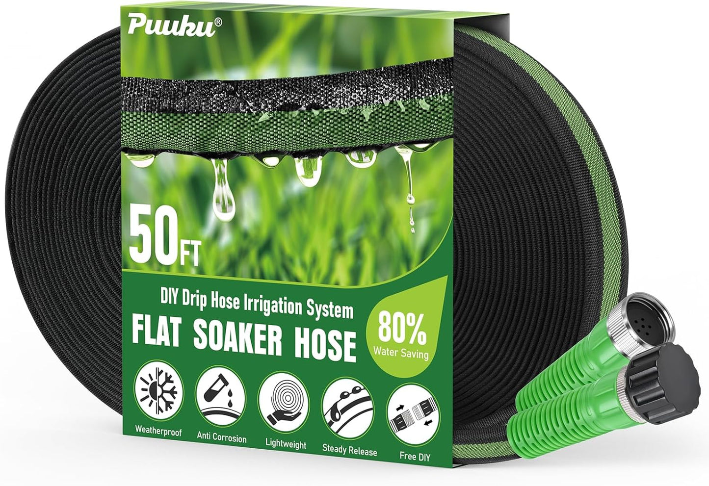 Flat Soaker Hose 50FT for Garden and Lawns, 80% Water-Saving Drip Irrigation Hose with Anodized Aluminum Ends, Flexible Leakproof Double Layer Gardening Hoses ﻿