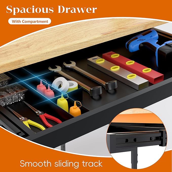 60" Adjustable Height Workbench, 2000 LBS Heavy Duty Work Table with Power Outlets & Pegboard, Rubber Wood Workstation for Garage, Workshop, Office, Home, Commercial