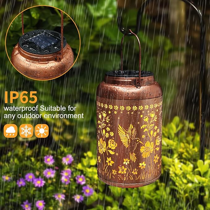2 Pack Solar Lanterns Outdoor Waterproof, Hummingbird Garden Decor Gifts for Women Mom Grandma Hanging Solar Lights Metal Solar Decoration Outside for Yard, Patio, Lawn, Pathway, Landscape
