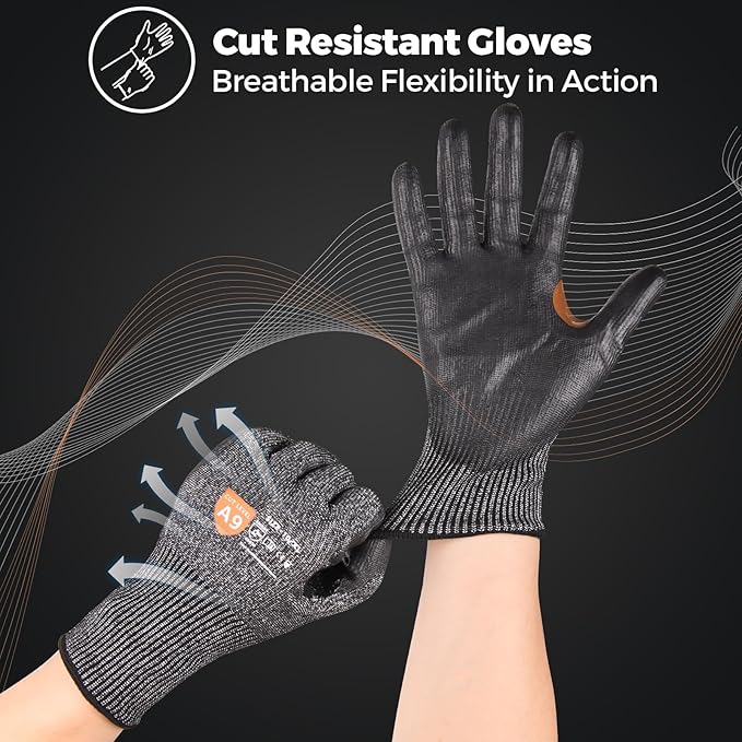 Donfri 3 Pairs A9 Cut Resistant Work Gloves for Men - Steel + HPPE Hybrid Safety Gloves for Men, ANSI Cut Level 9 Protection Flexible for Metal Glass Wood Construction Fishing