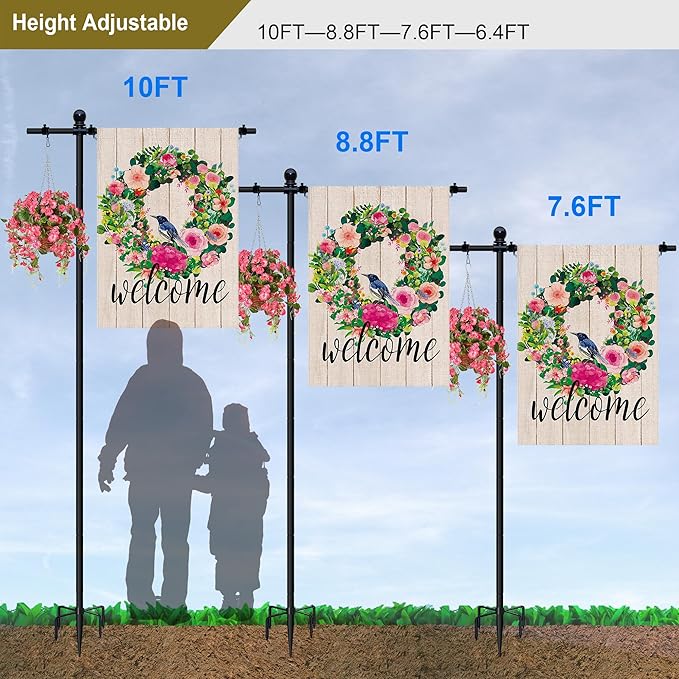 10FT Flag Pole Stand for Garden – Adjustable Outdoor Flagpole with 5-Prong Base, Freestanding Aluminum Banner Holder for 3x5ft & 28"x40" Flags – Wind-Resistant & Lightweight – Black