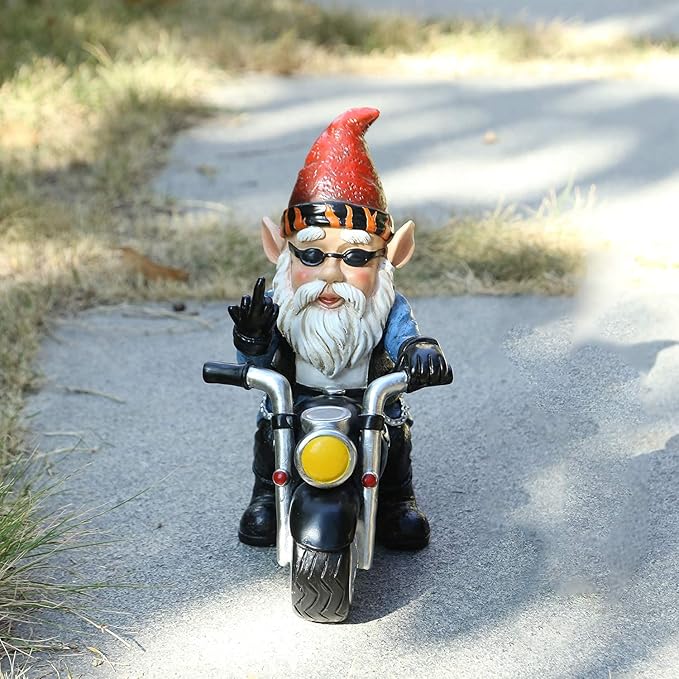 Garden Gnome Riding Motorcycle Funny Outdoor Gnome Decoration Indoor Outdoor Lawn Figurines for Home Yard Décor, Medium