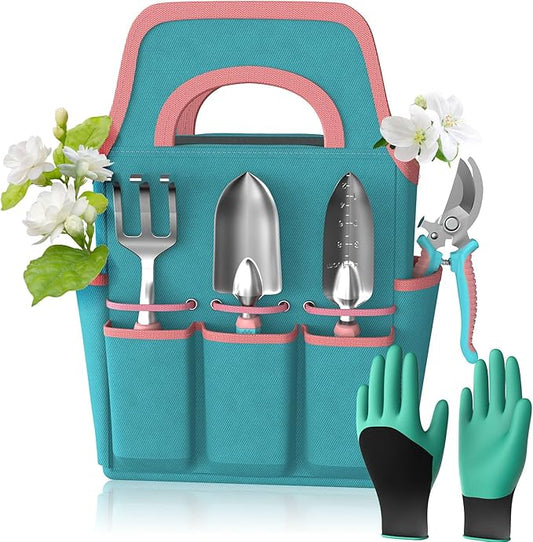 6 Pcs Garden Tool Set, Gardening Hand Tools Aluminum Alloy Starter Kit with Garden Bag, Heavy Duty Outdoor Tool Set with Ergonomic Handle, Gardening Gifts (No Flower Pattern)
