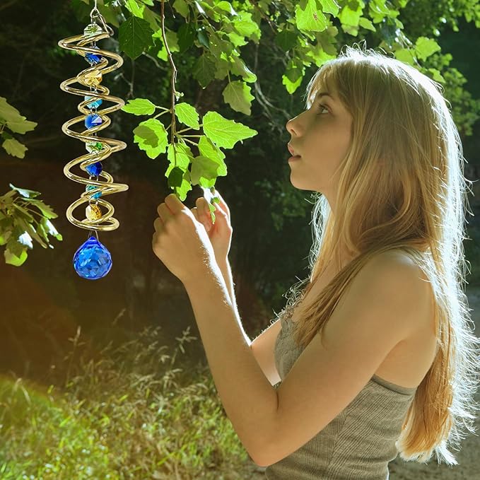 FONMY Gazing Ball Spiral Tail -Decorative Wind Spinner Sun Catcher Rainbow Maker Golden Double-Spiral W/Sea Blue Crystal Ball and Chain Crystals Beads for Indoor Outdoor Garden Decoration -14 inch H