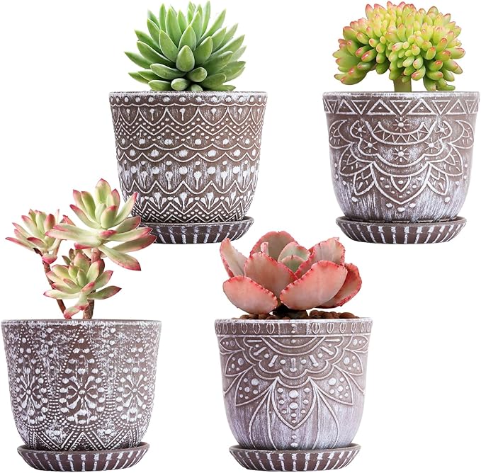 Gepege Succulent Pots, 4 Inch Small Indoor Ceramic Planter Pot with Drainage Holes and Saucers for Plants - Set of 4