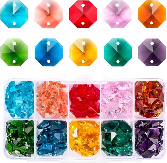 100 Pcs Glass Octagon Crystal Beads 14mm Colorful Crystal Chandelier Parts Replacement Beads DIY Lamp Hanging Pendant Suncatcher Beads