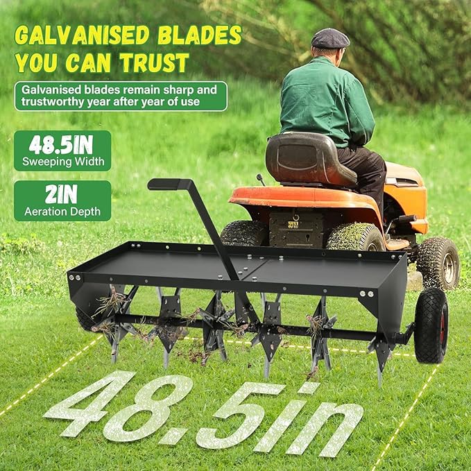 Doniks 48-Inch Tow Behind Lawn Plug Aerator with Universal Hitch, Lawn Aerator Tow Behind with 30 Galvanised Steel Tines,Tray and Inflatable Wheels for Gardens, Lawns, Farms