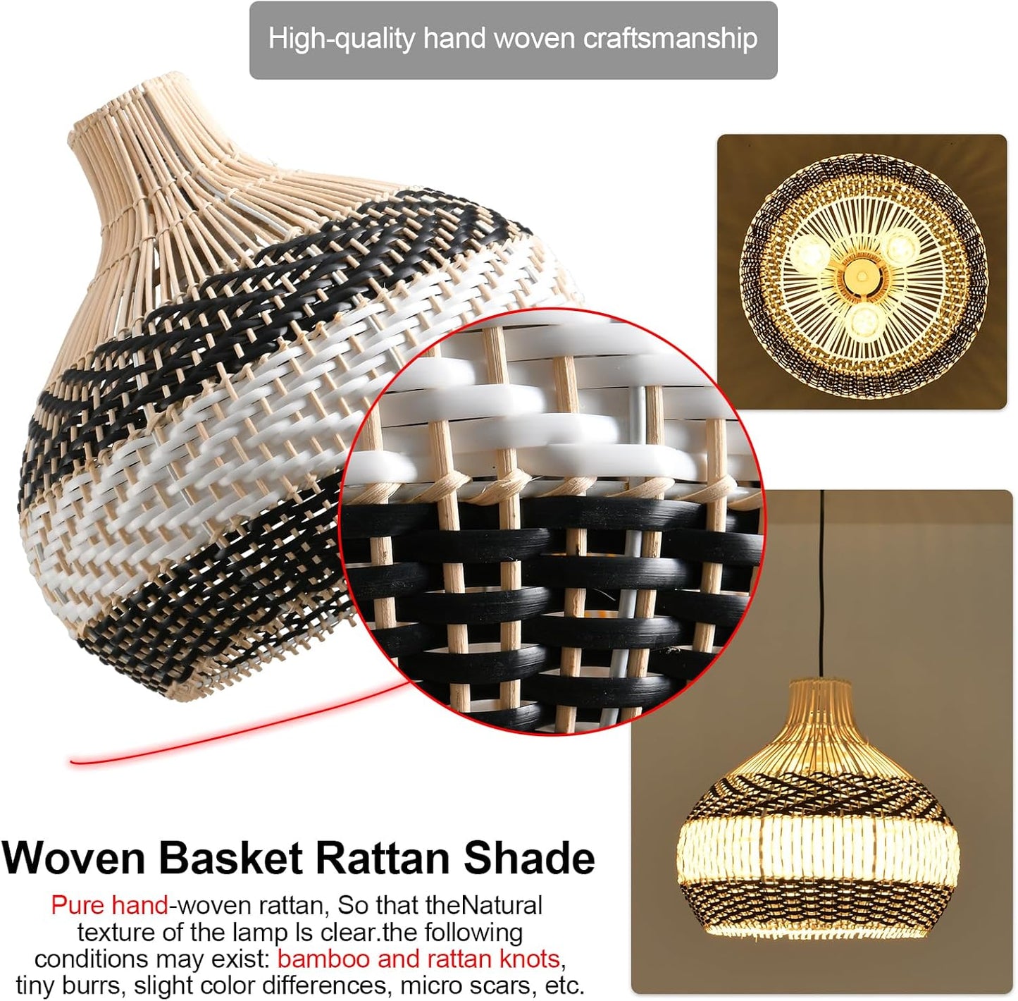 3-Light Rattan Pendant Light,Hand-Woven Black White Faux Rattan Hanging Light 15" Boho Basket Wicker Chandelier,for Living Room Bedroom Kitchen Dining Hallway 1-Pack