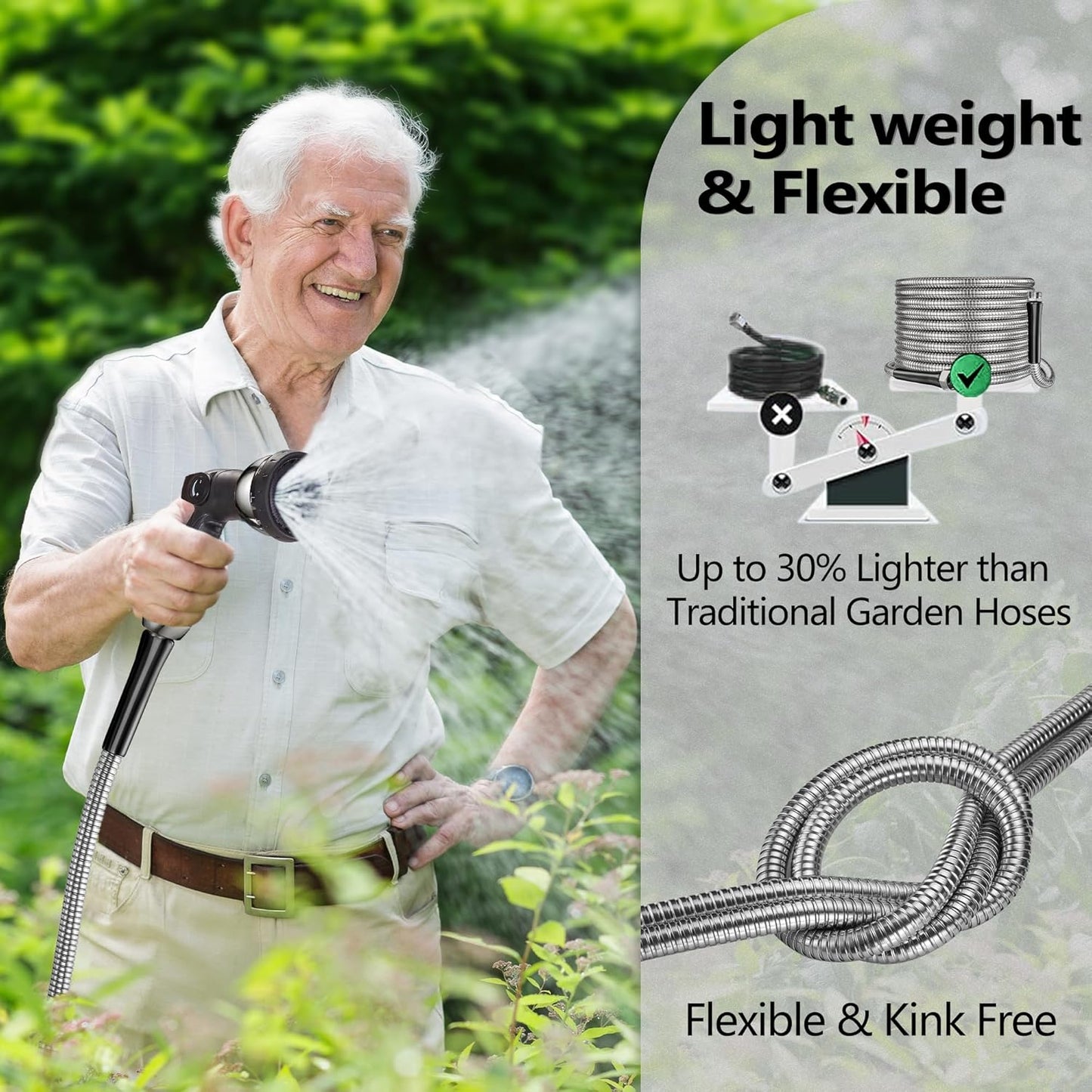 150 ft Garden Hsoe - 2025 New 304 Stainless Steel Garden Hose with 10-Function Spray Gun, 3/4'' Copper-Chrome Fittings – Lightweight, Durable, and Kink-Free, Metal Water Hoses for Gardening