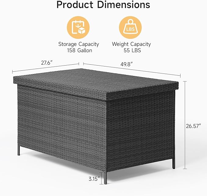 158 Gallon XL Deck Box with Lid, All Weather Wicker Outdoor Storage Box Waterproof, Large Outdoor Patio Storage Bin for Cushions, Garden Tools, Gears, Pool Accessories, Black