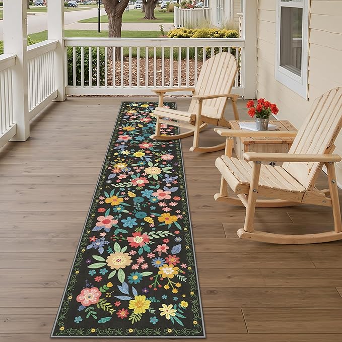 GENIMO Indoor Outdoor Area Rug 2' X 10' Waterproof, Washable Runner Rug Non Shedding, Easy Cleaning Floral Outdoor Carpet for Patio, Living Room, Bedroom, Entryway, Porch, Dining Room, Black