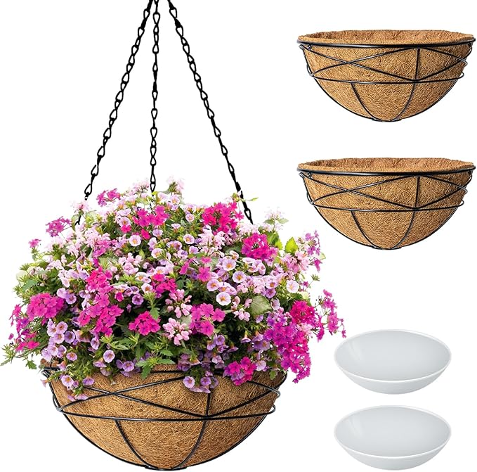 2 Pack 10 Inch Hanging Planters for Outdoor Plants Metal Wire Flower Baskets with Natural Coconut Liners for Garden Planting Decor