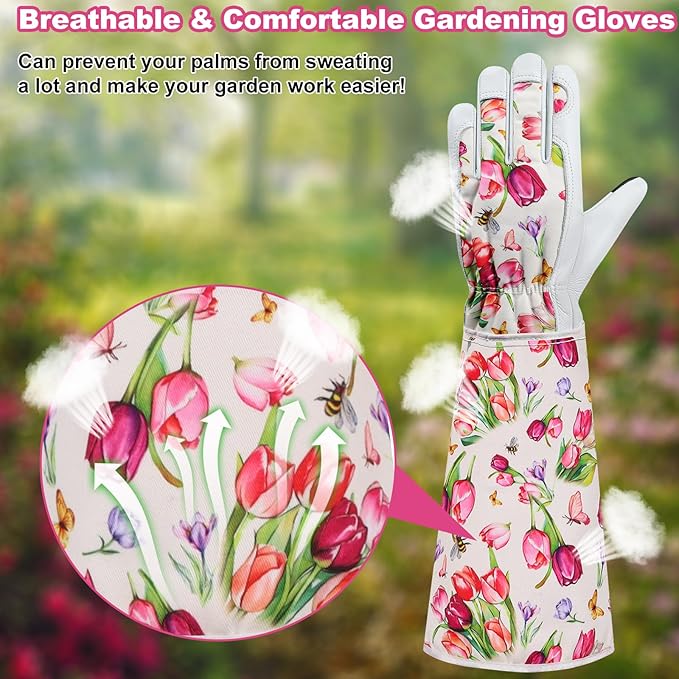 DLY Gardening Gloves for Women, Rose Gloves Gardening Thorn Proof, Long Garden Gloves for Women, Breathable Cowhide Leather Gauntlet(Large,White)