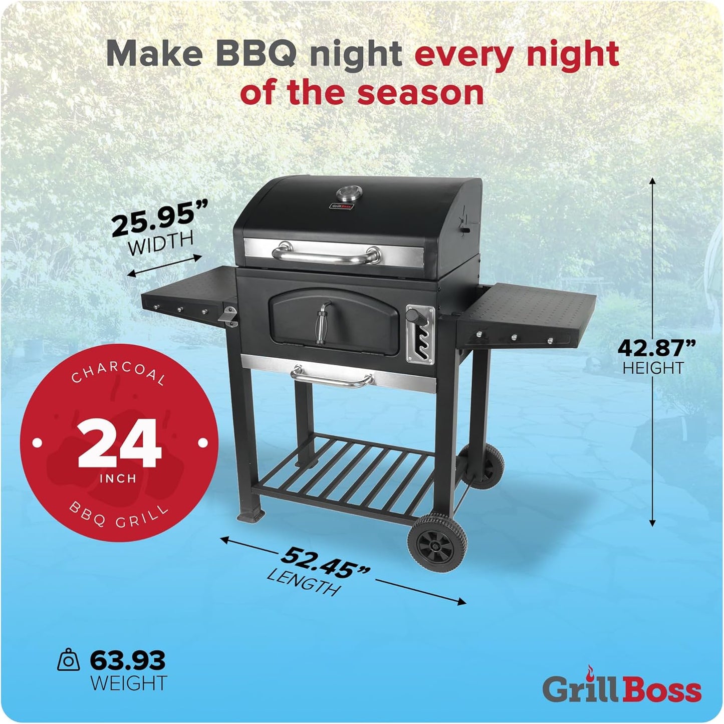 Grill Boss 24 Inch Charcoal BBQ Grill with Side Shelves, Built-In Thermometer, Black