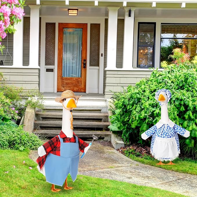 2 Set Spring Goose Outfit Blue Lawn Porch Goose Cloths Farmer Plastic Goose Costume for 23" Cement Goose Spring Outdoor Patio Yard Lawn Decoration