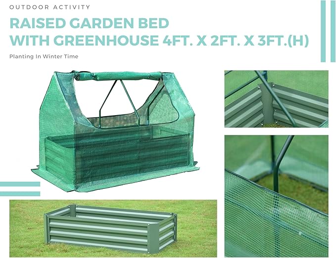 Aoodor 4 x 2 x 1 ft Raised Garden Metal Bed, Mini Greenhouse Kit with 2 Roll-up Zipper Doors, for Vegetables, Herbs and Flowers