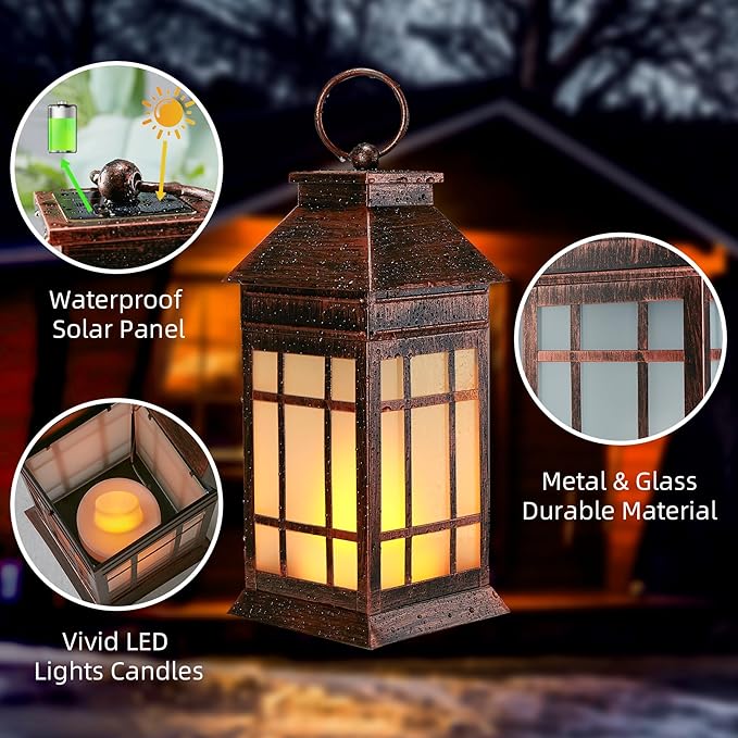 18" Glass Solar Lanterns Outdoor Waterproof, Large Solar Flickering Flame Lantern, Outdoor Lantern Decorative Metal Solar Garden Light for Patio Garden Backyard Outside Tabletop Decor(Vintage Copper)