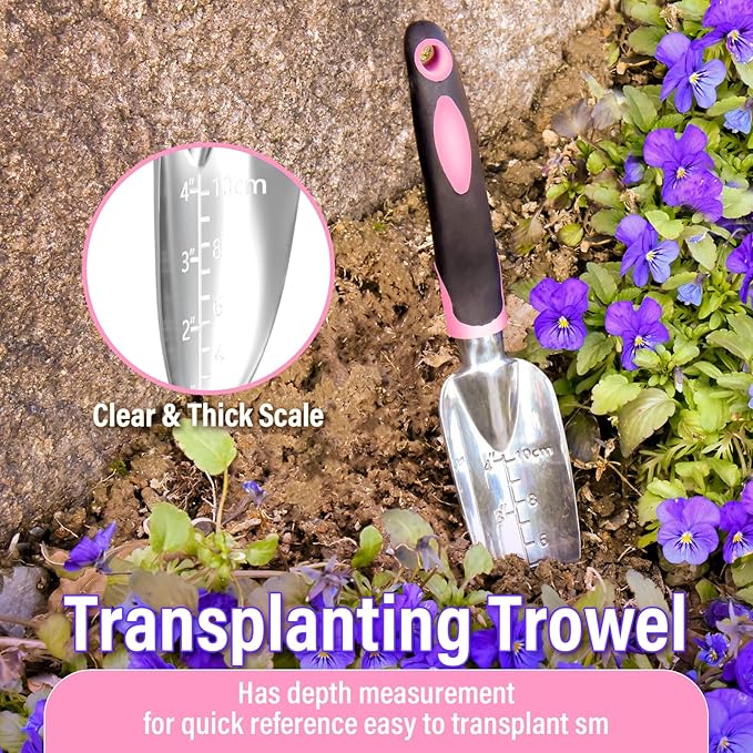 Garden Tool Set SOYUS Heavy Duty 3 Piece Gardening Hand Tools Aluminum Garden Shovel for Planting Hand Trowel Cultivator Rake with Ergonomic Non-Slip Rubber Grip Pink Gardening Gifts for Women