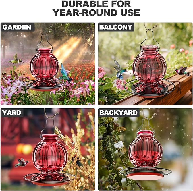 Glass Hummingbird Feeder for Outdoors Hanging, 26Oz Bird Nectar Feeder with Perch & 5 Flower Feeding Ports, Leak Proof for Outside Garden Decor Backyard, Gifts for Women Mom, Red